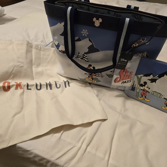 Box Lunch Disney Mickey & Friends Ski Tote with matching wristlet and dust bag. - Picture 3 of 4